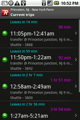 Trains listing for NJ Transit on Android
