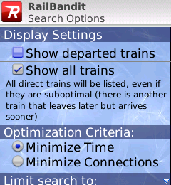 Option to show departed trains moved to Search Options screen