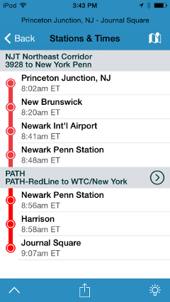 NJT Trip Stations on iPhone